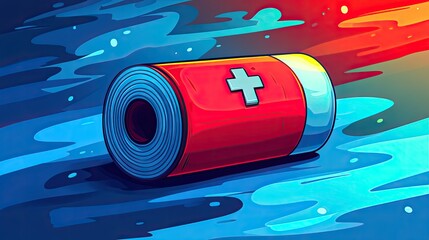 Colorful illustration of a red battery lying on a vibrant surface, symbolizing energy and power