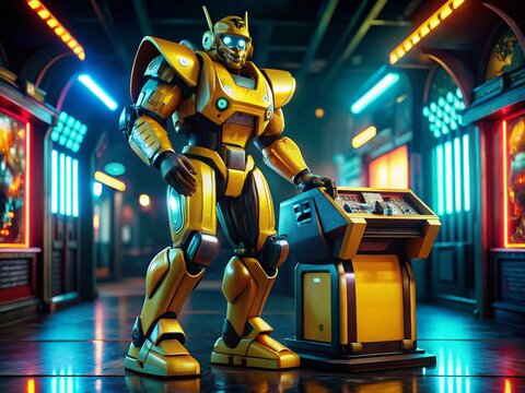 Retro Arcade Robot Bee: Neon Night Photography