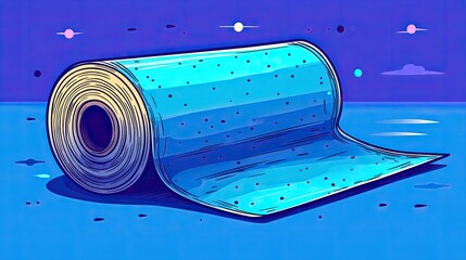A vibrant blue roll of material unrolling across a serene landscape with colorful celestial bodies