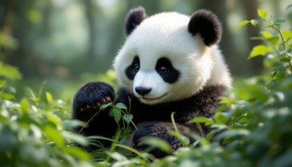 Fototapeta premium Cute Panda Eating Bamboo in Forest Clearing Adorable Wildlife Moment