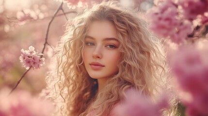 Naklejka premium Young woman with curly blonde hair stands amidst blooming sakura trees, embodying serenity and natural beauty.