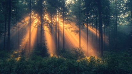 Obraz premium Sunlight filtering through tall trees in a misty forest, creating a serene and magical atmosphere