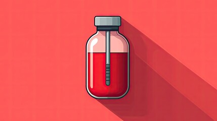 A vibrant illustration of a glass vial filled with red liquid, casting a shadow, set against a bright coral background