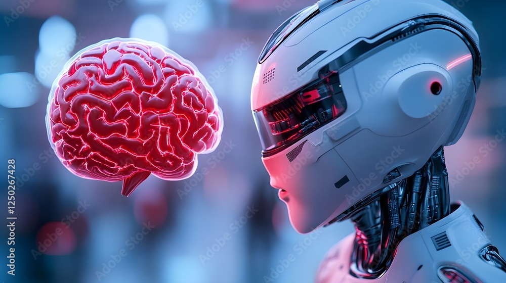 Poster futuristic robot contemplating a holographic brain symbolizing artificial intelligence and human cog