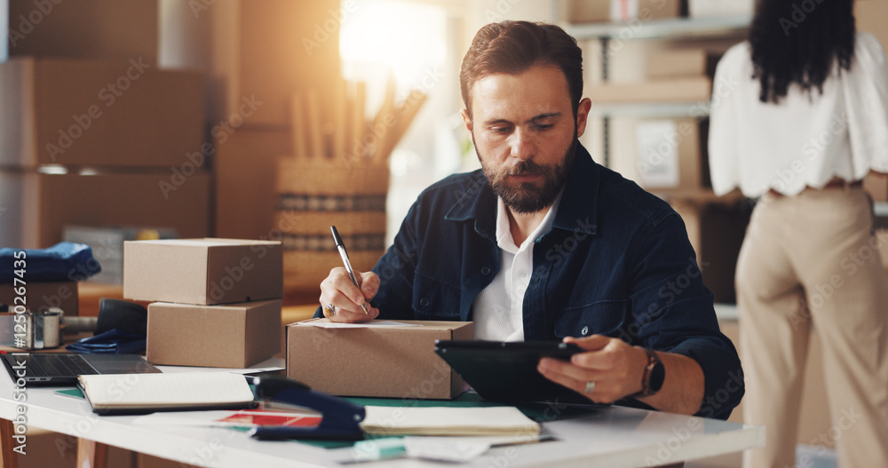 Poster man, tablet and writing on box for distribution of online orders, inventory checklist and stock ship
