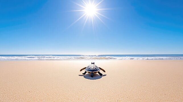 A sea turtle crawling on a sandy beach under a bright sun with ocean waves in the background