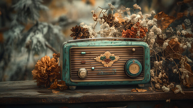 Antique Teal Radio Surrounded By Autumn Leaves and Flowers