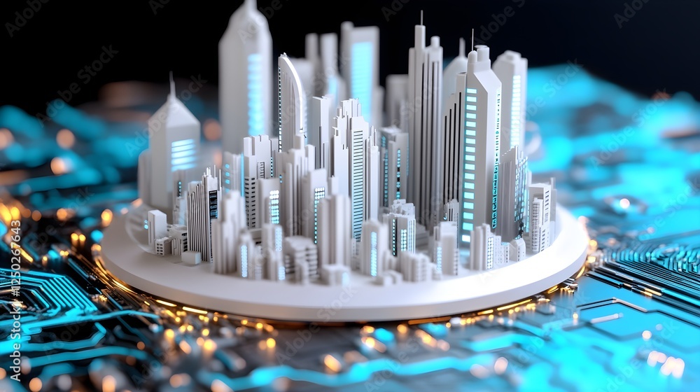 Poster futuristic cityscape on circuit board with neon accents and modern architecture in a abstract digita