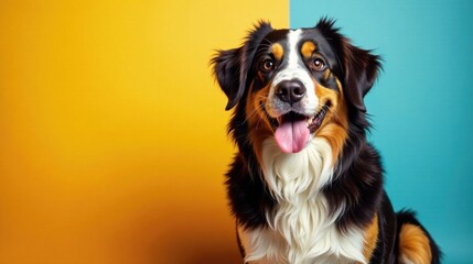 Happy Tricolor Dog Posing Against Vibrant Yellow and Teal Background