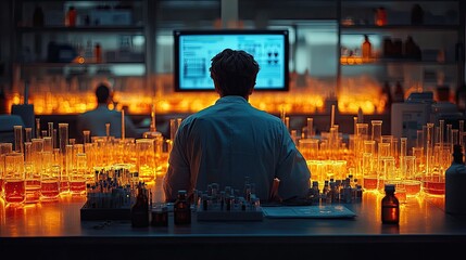 Scientist analyzing chemical reactions in a laboratory filled with glowing glassware and screens
