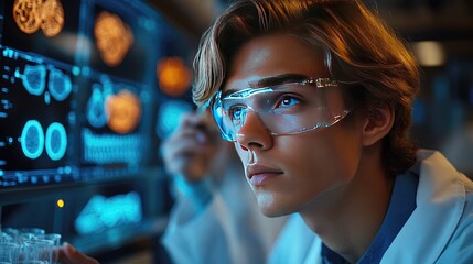 Young scientist analyzing data on a futuristic screen in a high-tech laboratory setting