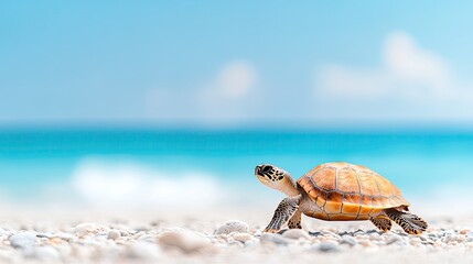 Obraz premium A small turtle crawling on a sandy beach with a serene ocean backdrop and soft waves