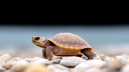 Obraz premium A close-up of a turtle crawling on pebbles by the shore with a blurred ocean background