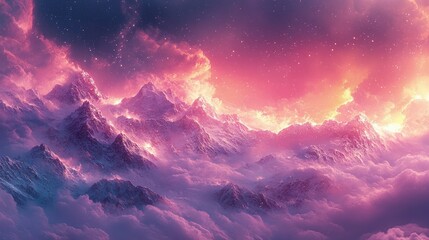 Naklejka premium Majestic mountain landscape at sunset with vibrant colors illuminating the clouds