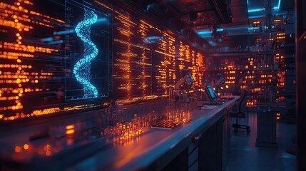 Futuristic laboratory with glowing data displays and scientific equipment in a high-tech environment