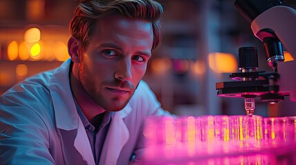 A focused scientist analyzing samples under a microscope in a vibrant laboratory setting