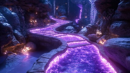 Enchanted glowing pathway through a mystical cave with shimmering purple water and ambient light