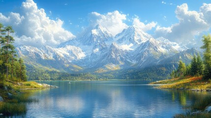 Majestic mountain landscape reflecting in a serene lake with lush greenery and vibrant skies