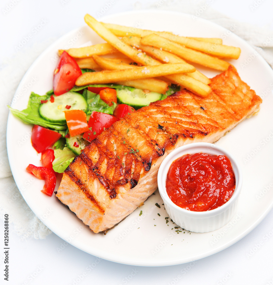 Wall mural Salmon steak with vegetables