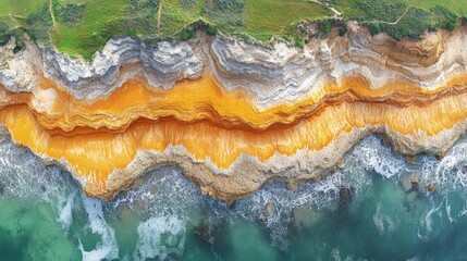 Aerial view of vibrant coastal cliffs showcasing layered rock formations and ocean waves