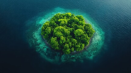 Aerial view of a lush green island surrounded by clear blue waters, showcasing vibrant nature
