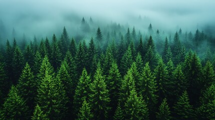 Lush green forest covered in mist, showcasing towering trees and a serene atmosphere
