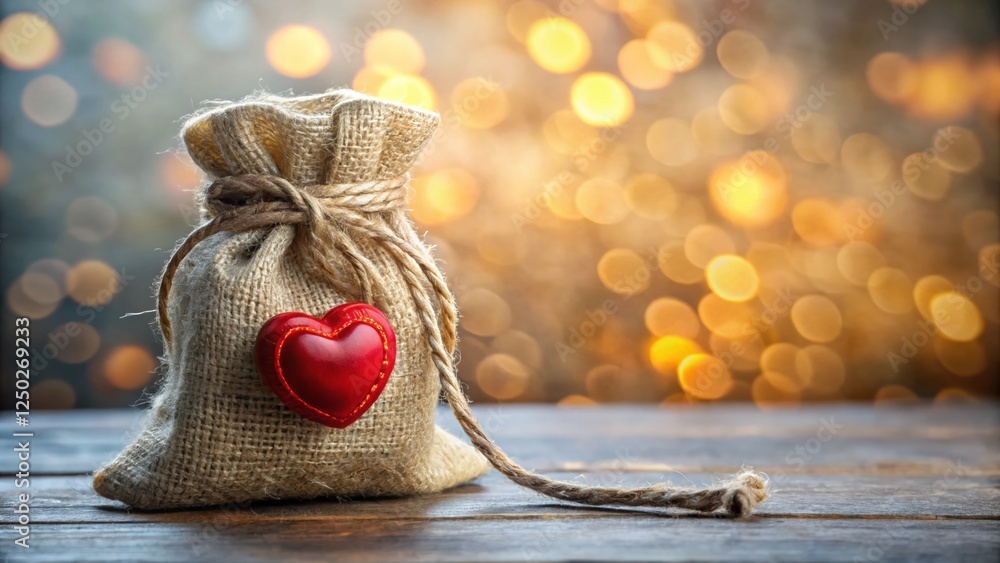 Poster rustic burlap sack with red heart wax seal - bokeh background stock photo