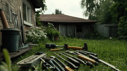 Garden Tools Spread Out on Grass by a House in a Backyard Scene