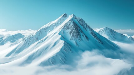 Majestic snow-capped mountain peaks rising above a sea of clouds in a serene alpine landscape