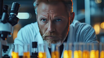 Focused scientist analyzing samples in a laboratory filled with glowing test tubes and equipment