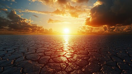 Serene sunset over a cracked earth landscape, showcasing vibrant colors and dramatic clouds