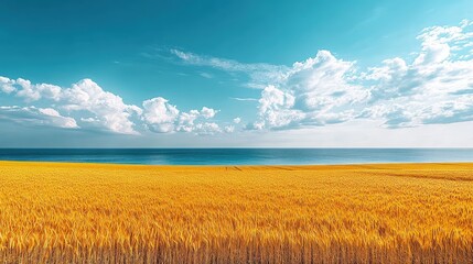 Golden wheat field under a bright blue sky with fluffy clouds and a serene ocean backdrop