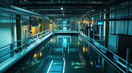 Obraz premium Industrial facility with illuminated water tank and machinery for processing or research.