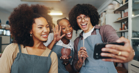 Woman, friends and selfie in pottery studio, workshop and art process for handmade ceramic design. Craft, hobby and artist with bonding, artwork and smile in creative class for sculpture learning
