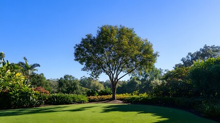 Naklejka premium Serene Landscape Featuring a Solitary Tree and Lush Greenery