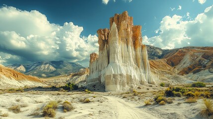 Majestic rock formations tower over a sandy path under a dramatic sky with clouds