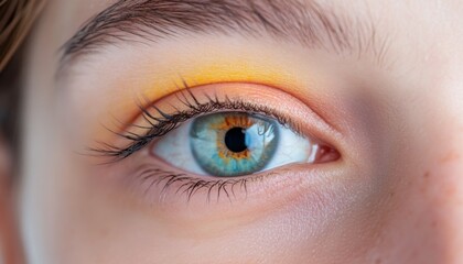 Obraz premium Close-up eye makeup shot, yellow eyeshadow, blue iris, soft focus background, beauty advert