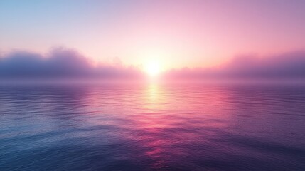 Obraz premium Serene sunrise over calm waters with soft clouds reflecting vibrant colors in the sky