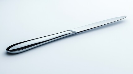 Sleek stainless steel knife resting on a clean white surface, ideal for culinary presentations