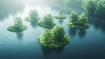 Aerial view of serene green islands with trees reflecting in calm water at dawn, evoking tranquility