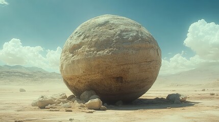 Enormous spherical rock formation in a vast desert landscape under a clear blue sky
