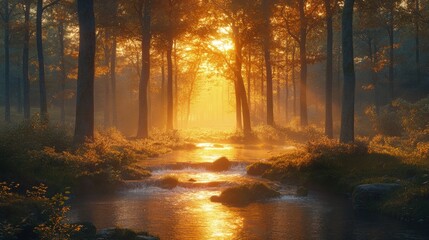Serene forest landscape at sunset with a tranquil stream and golden light filtering through trees