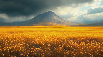 Vibrant yellow flower field under dramatic clouds with a majestic mountain in the background