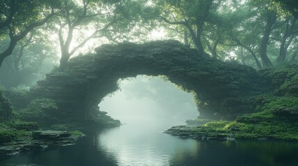 Serene misty forest with a stone arch bridge over a tranquil river surrounded by lush greenery