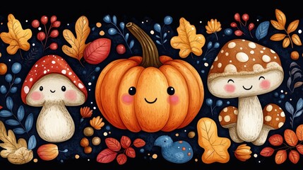 Obraz premium Whimsical autumn scene featuring cute mushrooms, a smiling pumpkin, and colorful foliage