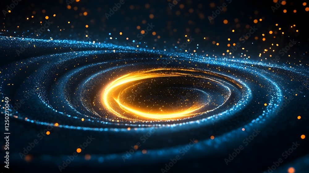 Poster vibrant cosmic spiral with golden and blue particles in a deep space setting, creating a mystical an