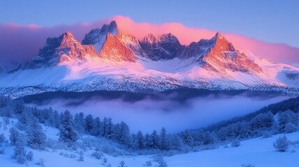 Majestic snow-covered mountains at dawn with vibrant colors and misty valleys in the foreground