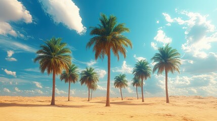 Lush palm trees standing tall on a sandy beach under a bright blue sky with fluffy clouds