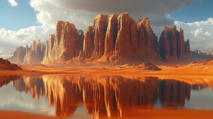 Majestic red rock formations reflecting in tranquil water under a dramatic sky at sunset
