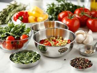 Vibrant Fresh Ingredients for Culinary Creations A colorful assortment of ripe tomatoes, crisp herbs, and sweet peppers arranged artfully on a pristine marble surface, inviting gastronomic adventures